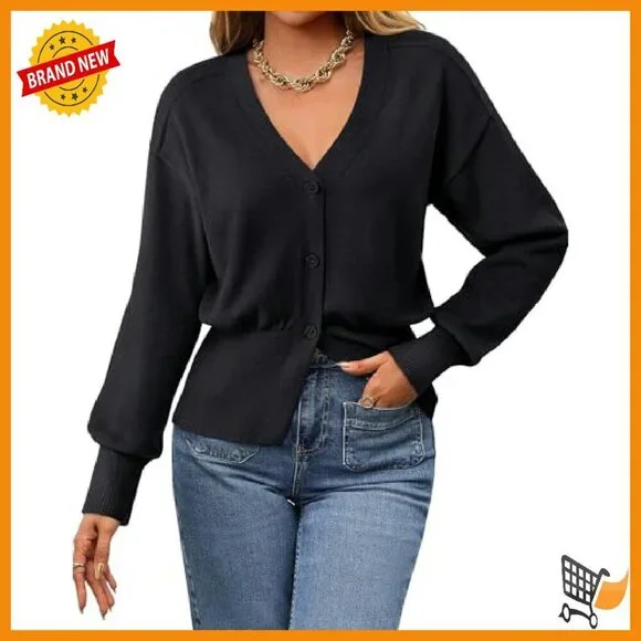 Long Sleeve V-Neck Peplum Cardigan Knitted Button Top Women's Sweater - Picture 4 of 8